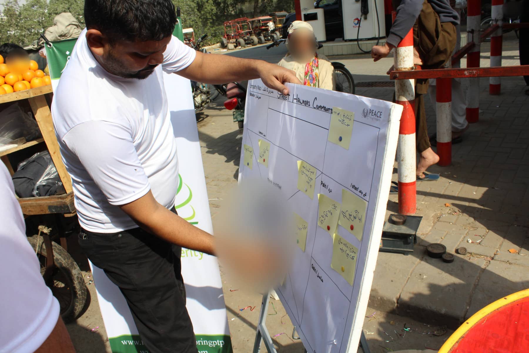 A Peace Through Prosperity facilitator building an empathy map with a fruit seller on the street in Gizri, Karachi. Faces blurred.