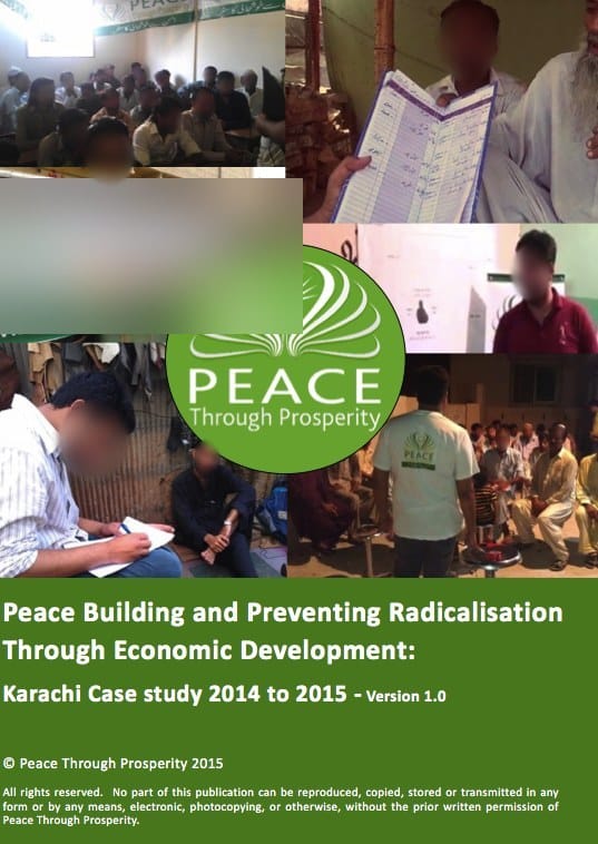 Cover of the Peace Through Prosperity Karachi case study 2014 to 2015, with a shop banner blurred for privacy
