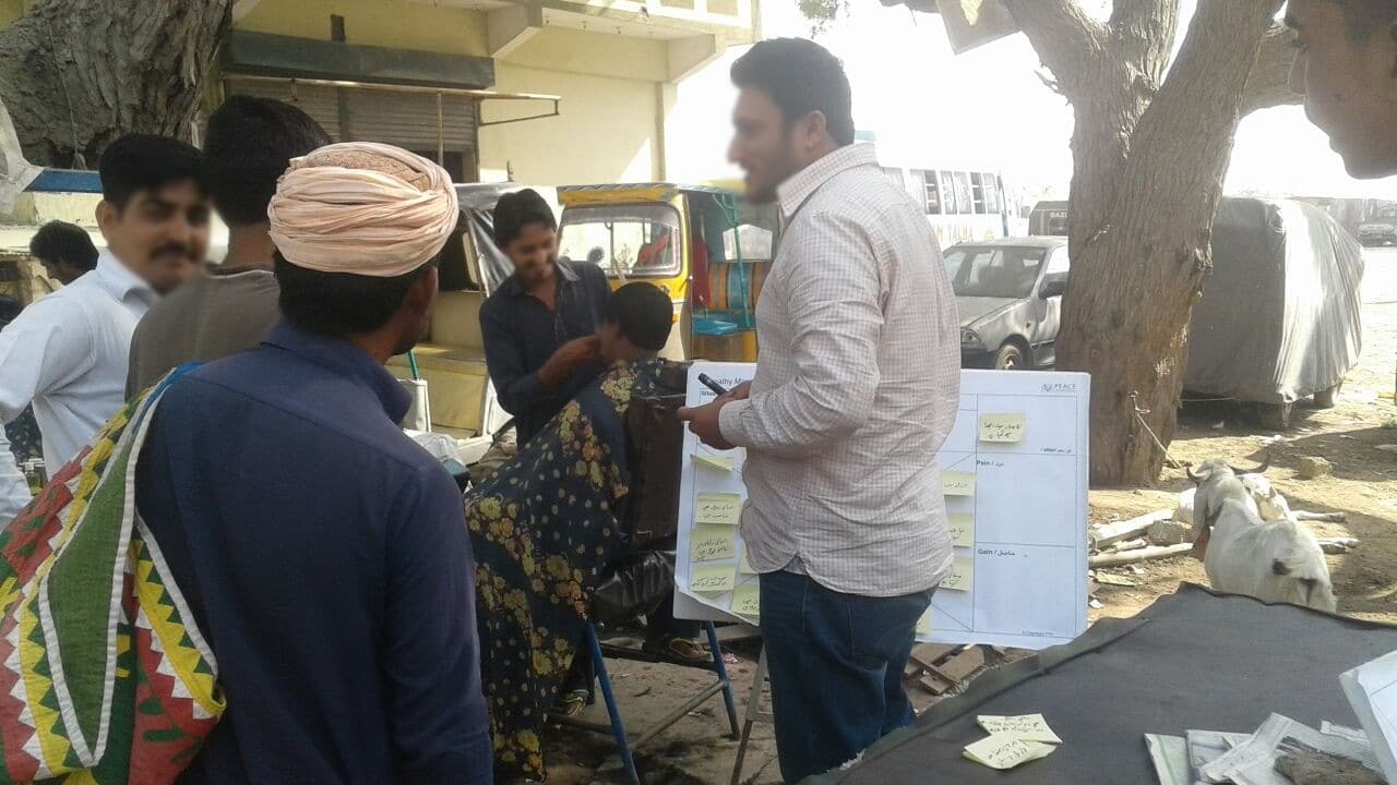 Empathy mapping with micro-entrepreneurs in Hijrat Colony, Karachi, 2016. Faces blurred.